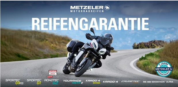 Metzeler Reifengarantie: Motorrad in Kurve, Banner für Motorradreifen Garantie