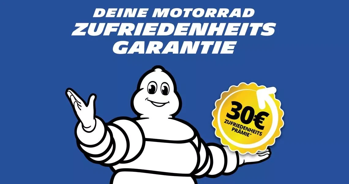 Michelin-Männchen mit Motorrad-Zufriedenheitsgarantie und Prämien-Siegel