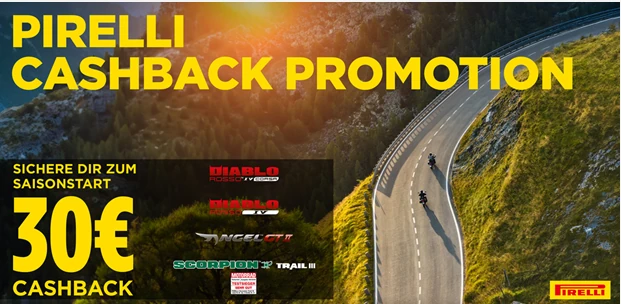 Pirelli Cashback Promotion: Motorradreifen-Aktion, kurvige Straße mit Bikern