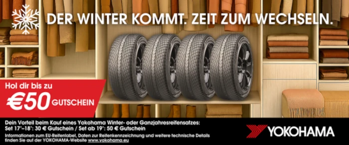 Yokohama Winterreifen Aktion mit vier Reifen vor Regalen, Hinweis auf saisonalen Reifenwechsel.